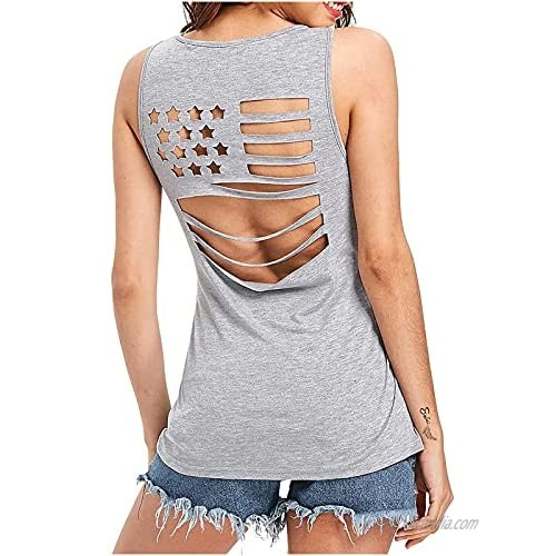 Womens Tank Tops Summer 2021  Women Casual American Flag Pattem Hollow Out Back Sleeveless T-Shirt Top Carved A Hole