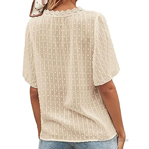 Womens V Neck Lace Tank Tops Summer Short Sleeve Tunic Loose Casual T Shirts