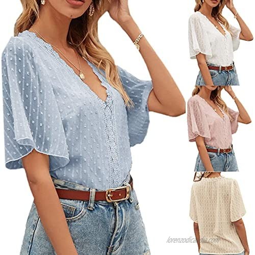 Womens V Neck Lace Tank Tops Summer Short Sleeve Tunic Loose Casual T Shirts