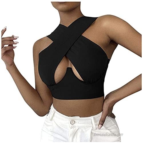 XUHUA Women Halter Bandage Crop Tops Sexy Cross Strap Tube Wrap Solid Color Backless Self Lace Up Crop Tank Top #0520