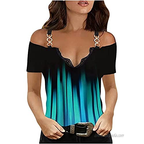 YIlanglang Women Outdoor V-Neck T-Shirt with Zipper Lace Sleeveless Vest Short Sleeves Shoulder Strap Top Fashion Casual Off-The-Shoulder Blouse for Ladies Daily Life Wearing Shirts