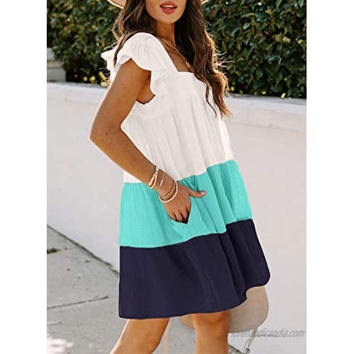 Actloe Womens Casual Summer Dresses Square Neck Color Block Ruffle Sleeveless Dress with Pockets
