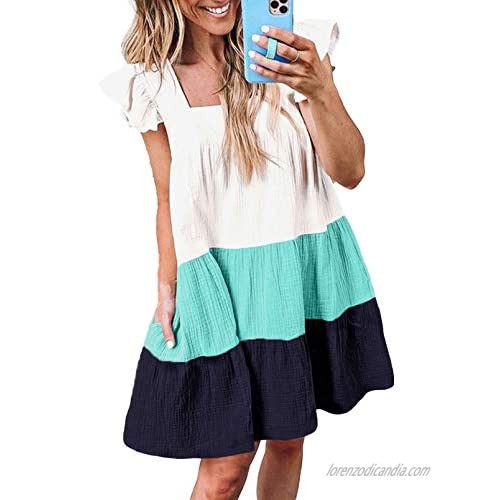 Actloe Womens Casual Summer Dresses Square Neck Color Block Ruffle Sleeveless Dress with Pockets