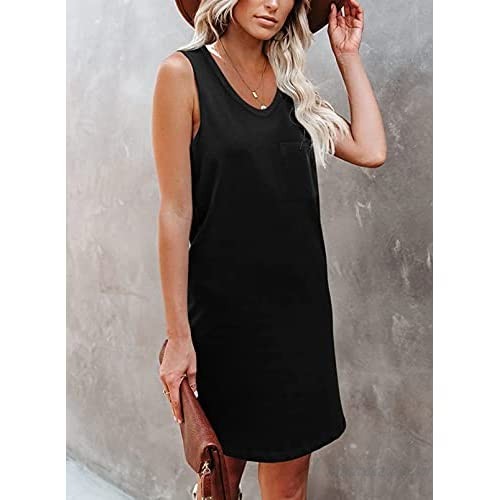 Actloe Womens Dresses Casual Summer Tank Dresses V Neck Solid Sleeveless Dress with Pocket