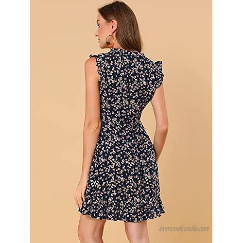 Allegra K Women's Floral Print V Neck A-Line Sleeveless Ruffle Mini Dress