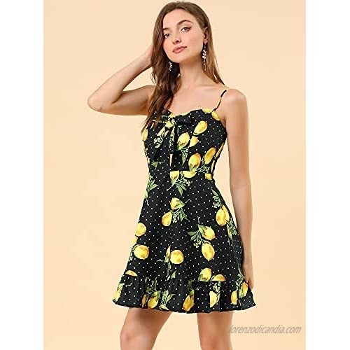 Allegra K Women's Spaghetti Strap Lemon Bowknot Ruffle Polka Dots Dress