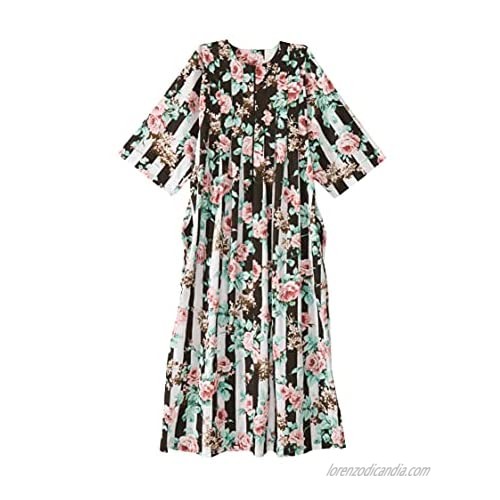 AmeriMark Women’s Floral Caftan – 3/4 Sleeve Long House Dress with Side Pockets