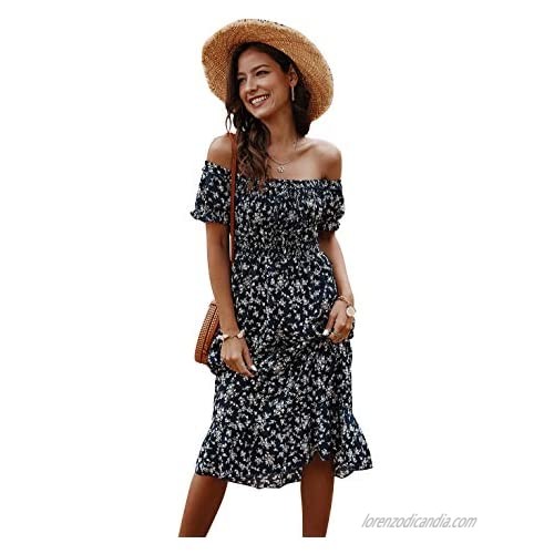 Comeon Womens Dress Off Shoulder Ruffle Casual Floral Print Summer Dresses