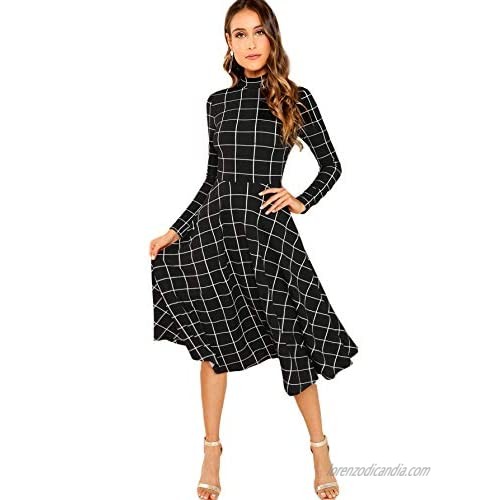 Floerns Women's High Neck Plaid Fit and Flare Midi Dress