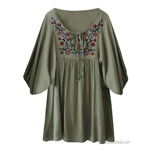 futurino Women's Bohemian Embroidery Floral Tunic Shift Blouse Flowy Mini Dress