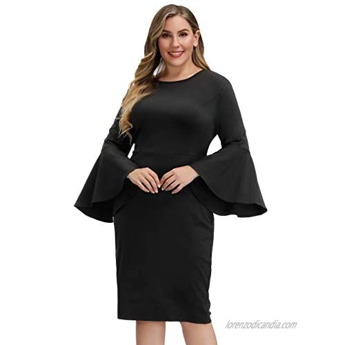 Hanna Nikole Women Plus Size Ruffle Bell Sleeve Flounce Cocktail Pencil Dress