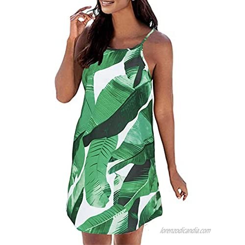 Happy Sailed Women's Halter Neck Boho Floral Print Loose Casual Sleeveless Short Dress Green Large