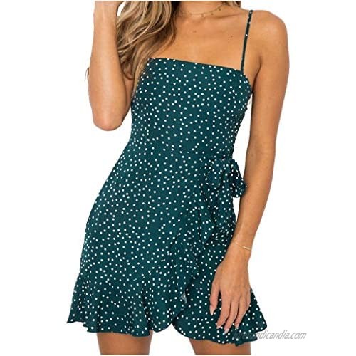 INIBUD Short Dress for Women Wrap Tie Flouncing Retro Polka Dot Floral Print Spaghetti Straps Sleeveless Mini Dress Summer