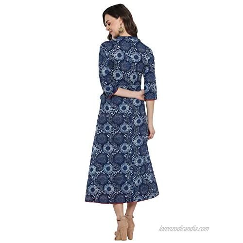 Janasya Indian Women's Blue Pure Cotton Ethnic Dress