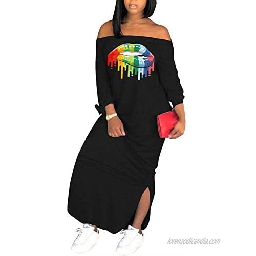 Nhicdns Womens Plus Size Maxi Dress - Casual Off The Shoulder Colorful Letter Print Long Sleeve Split Oversize T-Shirt Dress