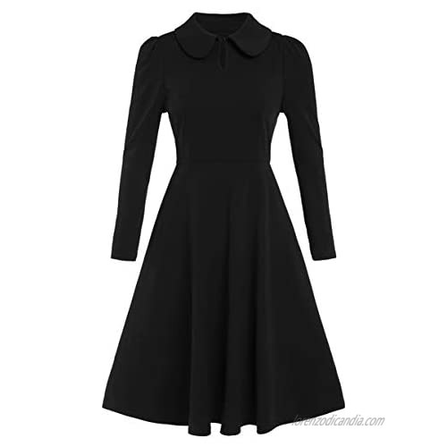 Romwe Women's Vintage 1950s Retro Collared Long Sleeve Fit and Flare Swing Party Dress