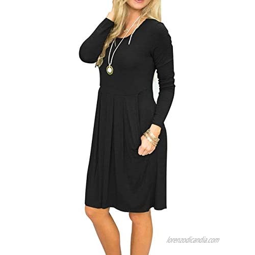 TODOLOR Womens Casual Long Sleeve Empire Waist Pleated Swing T-Shirt Dress Knee Length with Pockets