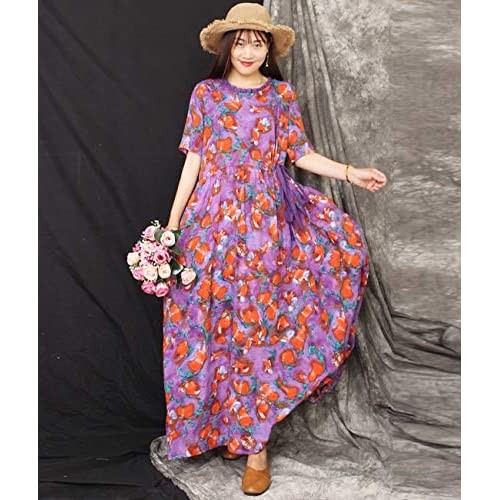 YESNO Women Long Maxi Bohemia Floral Dresses Short Sleeve Summer Swing Dress Casual Plus Size Laced Waistline w/Pockets ED2