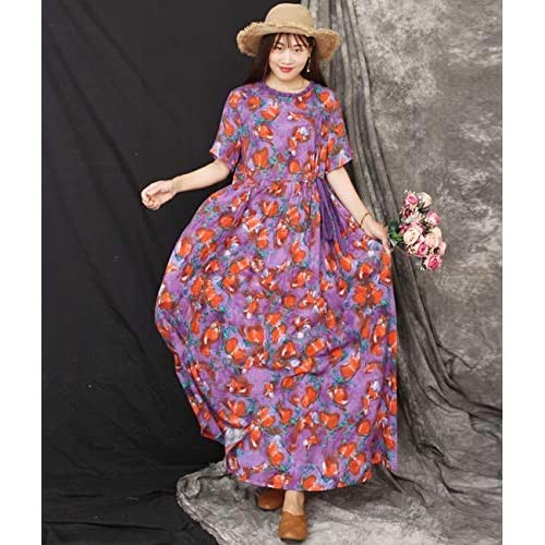 YESNO Women Long Maxi Bohemia Floral Dresses Short Sleeve Summer Swing Dress Casual Plus Size Laced Waistline w/Pockets ED2