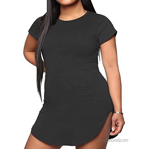 Agmibrelr Women's Plus Size Bodycon T Shirt Dress Short Sleeve Side Slit Irregular Hem Mini Dresses