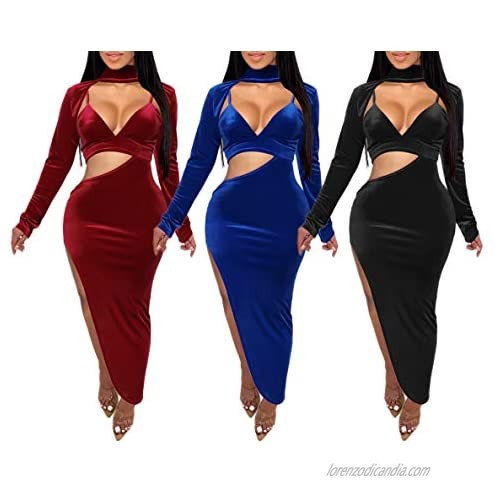 Blansdi Women Sexy Velvet Cutout Dress Long Sleeve High Neck High Split Irregular Hem Long Maxi Party Dresses