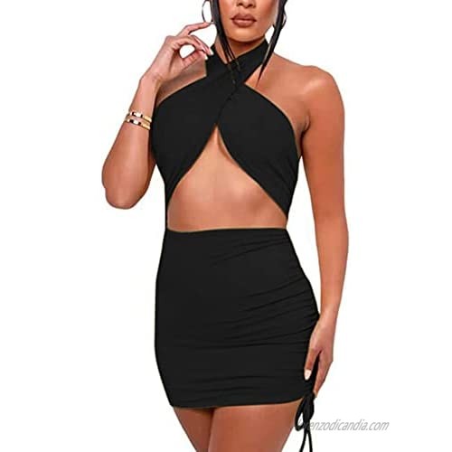 Dolemifaso Women Sexy Club Bodycon Dress Halter Criss Cross Sleeveless Hollow Out Ruched Mini Dresses
