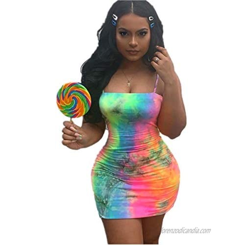 Jolly Soul Women's Summer Sexy Tie Dye Neon Rainbow Spaghetti Strap Bodycone Mini Dress
