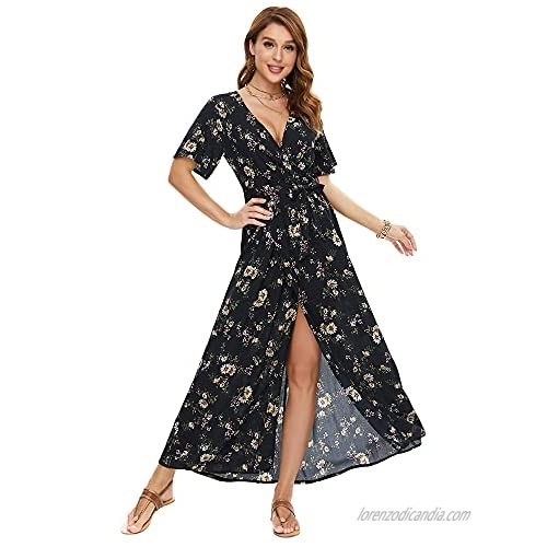 Magle Womens V Neck Short Sleeve Stretch Floral Print A-line Casual Maxi Dress