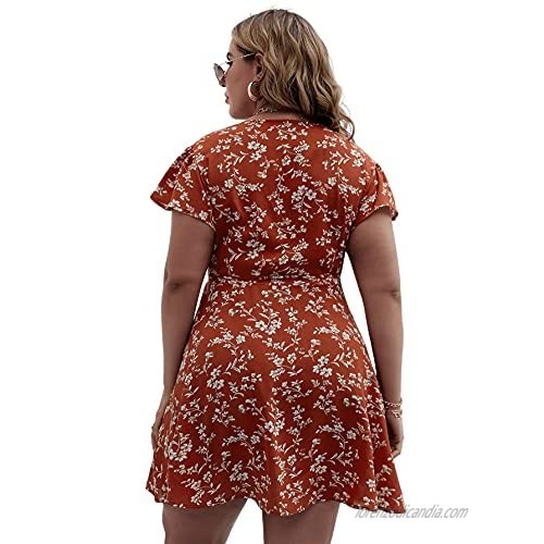 Milumia Women's Plus Size Floral Print Deep V Neck High Waist Self Tie Wrap Short Dress