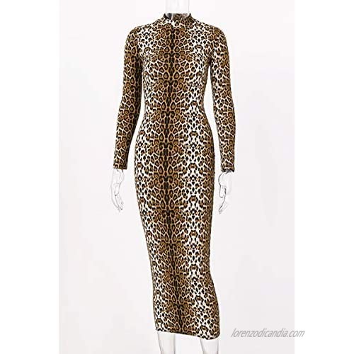Mulisky Women's Sexy Long Sleeve Mock Neck Leopard Tiger Print Midi Bodycon Party Club Dress