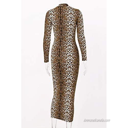 Mulisky Women's Sexy Long Sleeve Mock Neck Leopard Tiger Print Midi Bodycon Party Club Dress