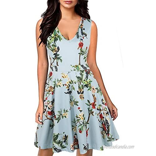 oxiuly Women's Chic Off Shoulder Floral Flare Patchwork Party Cocktail Casual Pockets Swing Dress OX266