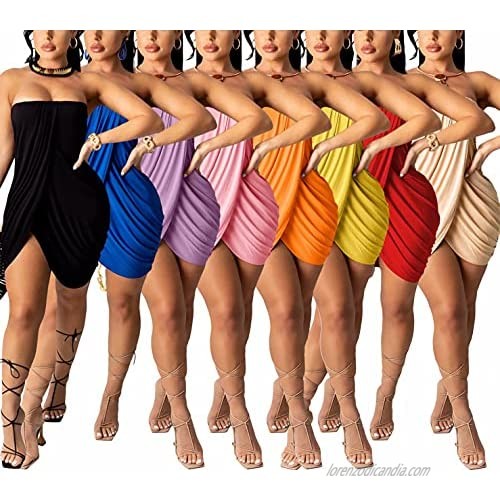 Remelon Summer Dresses for Women Sexy Tube Top Bodycon Ruched Wrap T Shirt Party Club Dress