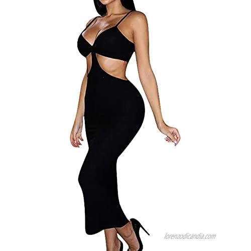 ThusFar Womens Casual Cut Out Long Dresses Spaghetti Strap Bra Bikini Top Backless Club Party Cocktail Bodycon Maxi Dress