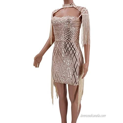 ThusFar Womens Sexy Sequin Tassel Dress Sleeveless Mock Neck Front Cut Out Bodycon Club Party Mini Dress