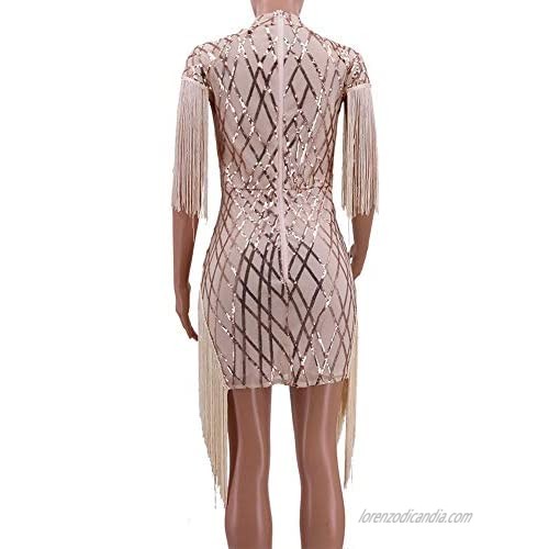 ThusFar Womens Sexy Sequin Tassel Dress Sleeveless Mock Neck Front Cut Out Bodycon Club Party Mini Dress