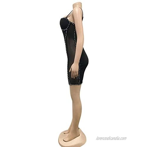 Women Sexy Club Dress Spaghetti Strap Mesh Pearl Crystal Bodycon Mini Dresses