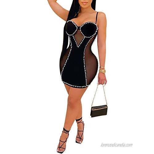 Women Sexy Club Dress Spaghetti Strap Mesh Pearl Crystal Bodycon Mini Dresses