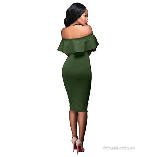 Women Sexy Off The Shoulder Ruffle Slim Fit Bodycon Cocktail Party Midi Dress