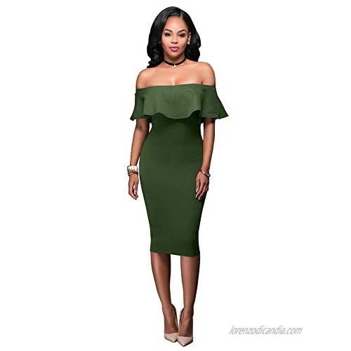 Women Sexy Off The Shoulder Ruffle Slim Fit Bodycon Cocktail Party Midi Dress