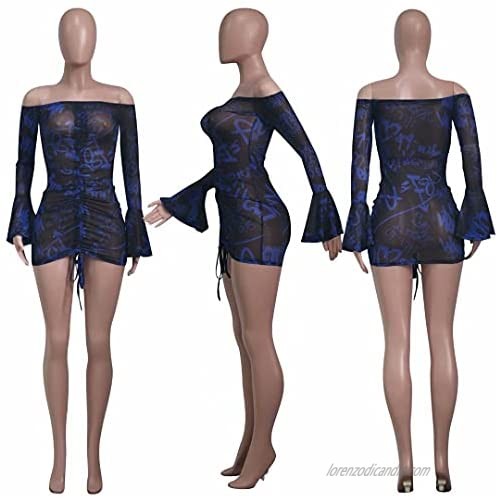 Women Sexy Print Off The Shoulder Flare Long Sleeve Sheer Mesh Ruched Bodycon Night Club Mini Dress