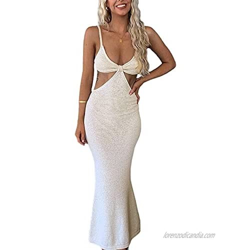 Womens Sexy Knitted Cut Out Dress Spaghetti Strap V Neck Backless Long Maxi Dress Club Party Y2K Streetwear