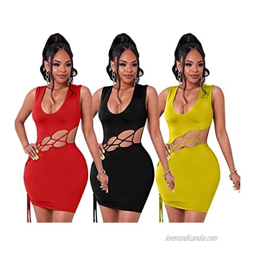 Women's Sexy Side Hollow Out Lace Up Tank Dress Sleeveless Bodycon Club Party Midi Dresses