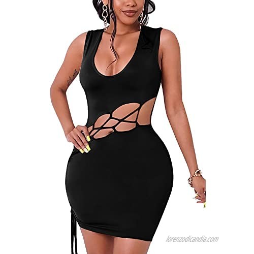 Women's Sexy Side Hollow Out Lace Up Tank Dress Sleeveless Bodycon Club Party Midi Dresses