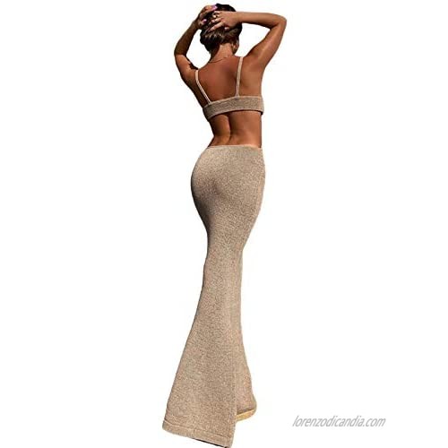 YAYAOAYAY Sexy Knitted Cut Out Maxi Dress for Women Summer Beach Long Dress Spaghetti Strap Backless Club Party Bodycon Dress