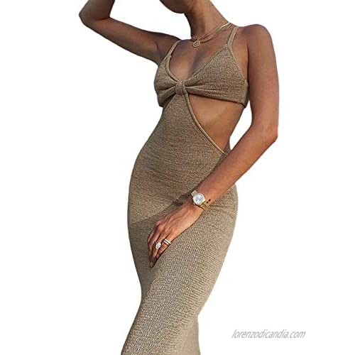 YAYAOAYAY Sexy Knitted Cut Out Maxi Dress for Women Summer Beach Long Dress Spaghetti Strap Backless Club Party Bodycon Dress
